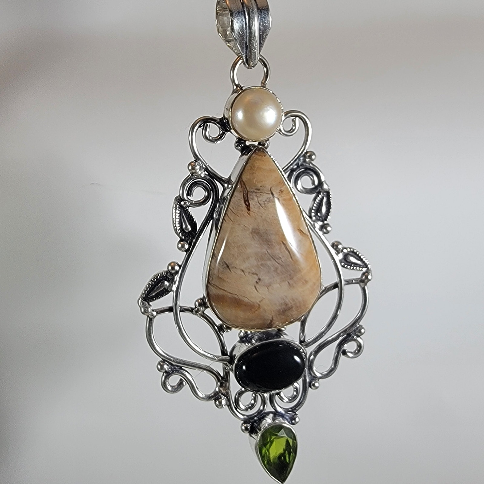 Gemstone Pendant Necklace Petrified Wood, Pearl, Onyx & Peridot + Silver Chain